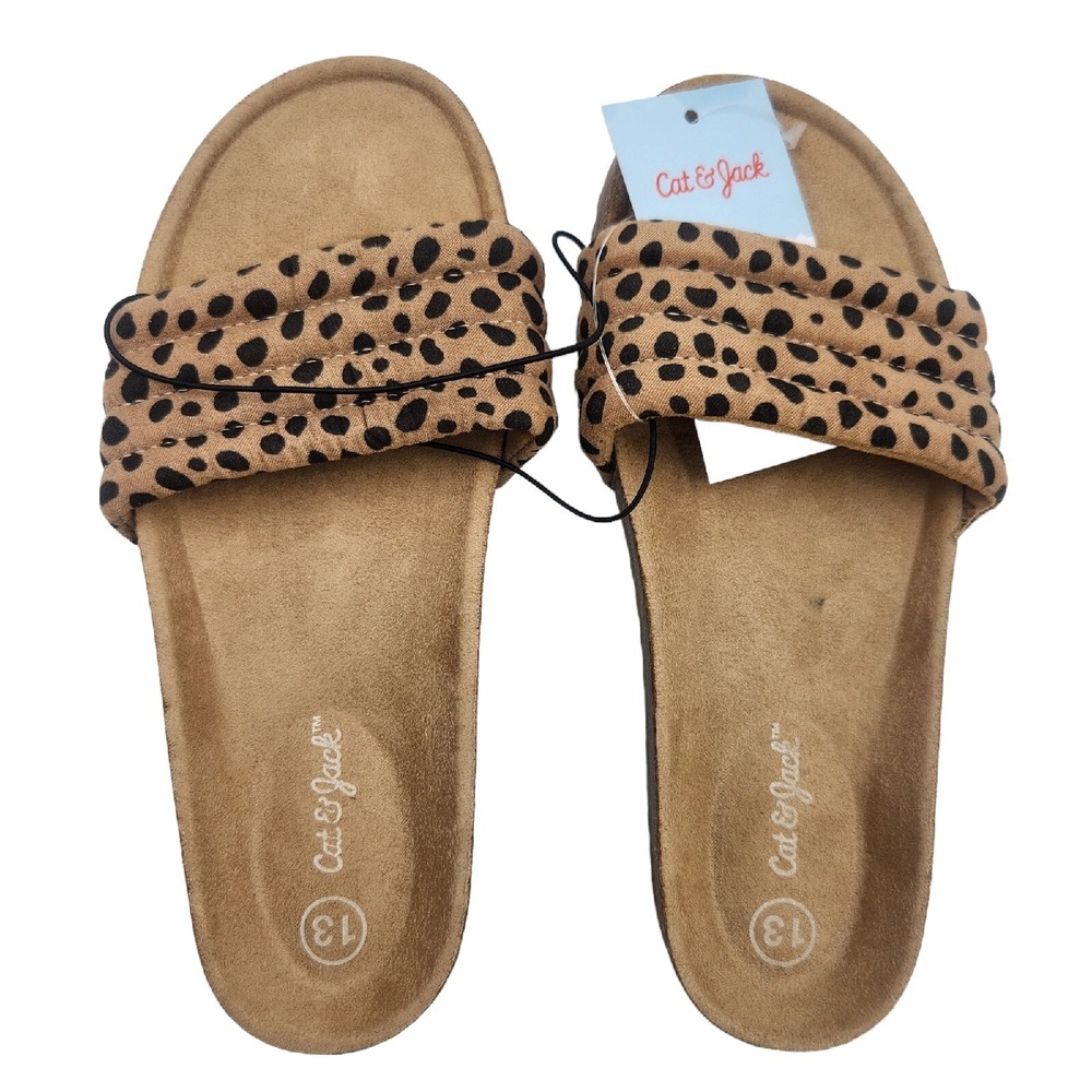 Cat & Jack Sandals Youth Girls Size 13 Selma Tan Animal Print Slide‎ On Brown